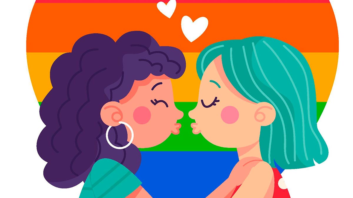 Ilustração de duas mulheres se olhando com afeto diante de um fundo com cores do arco-íris, simbolizando relacionamento lésbico duradouro.
